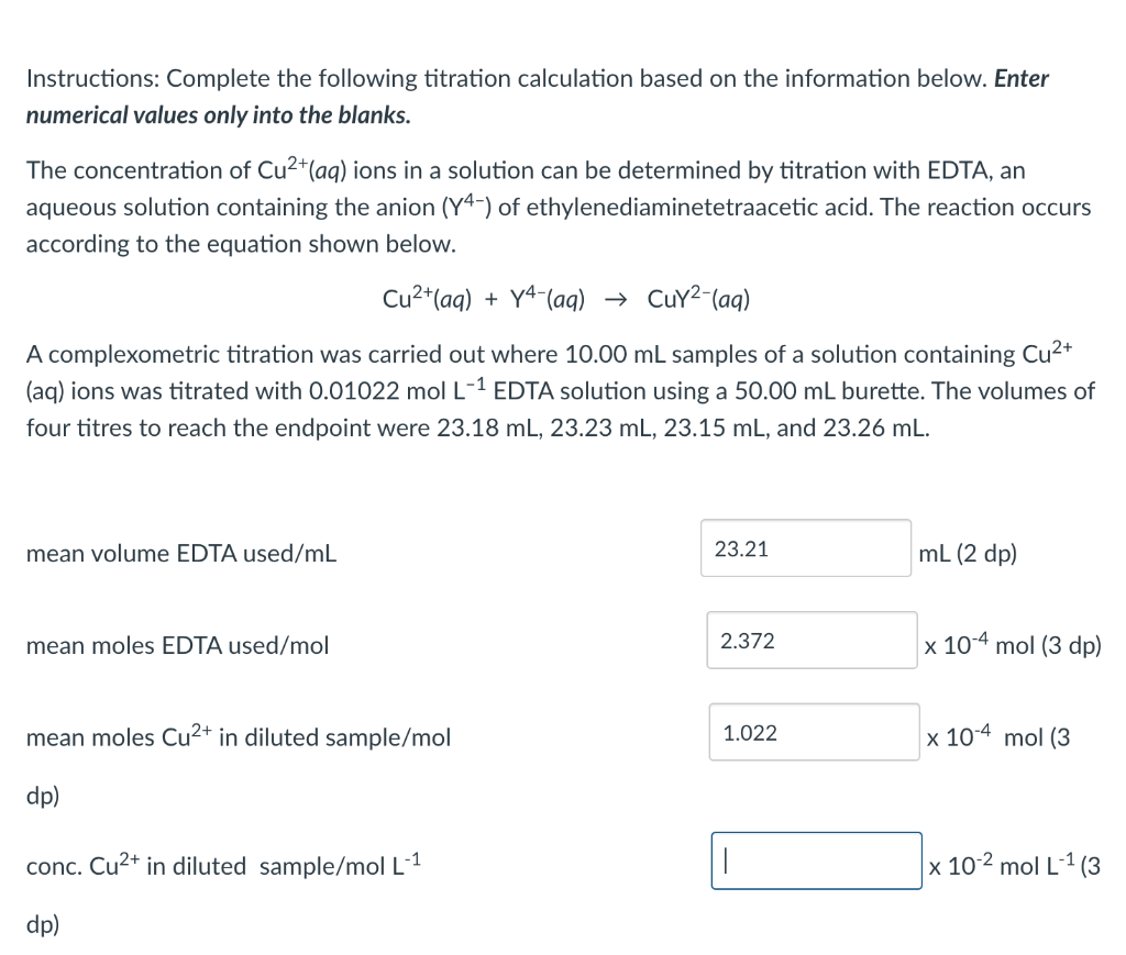 Instructions Complete The Following Titration Calculation Based On The Information Below Enter Numerical Values Only I 1