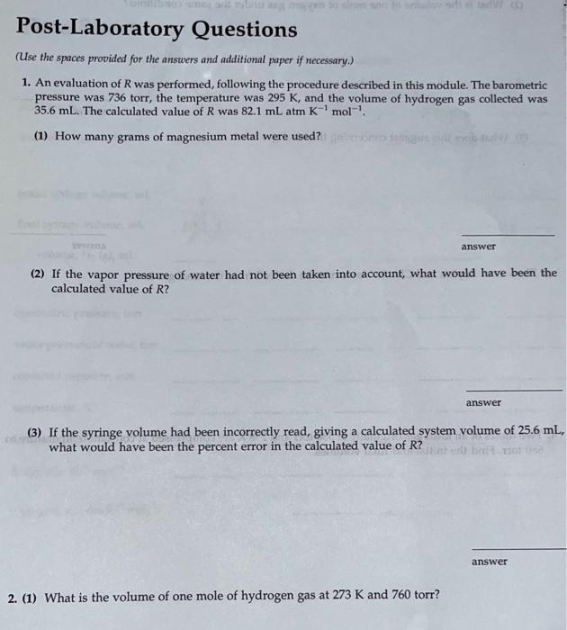 Post Laboratory Questions Use The Spaces Provided For The Answers And Additional Paper If Necessary 1 An Evaluation 1