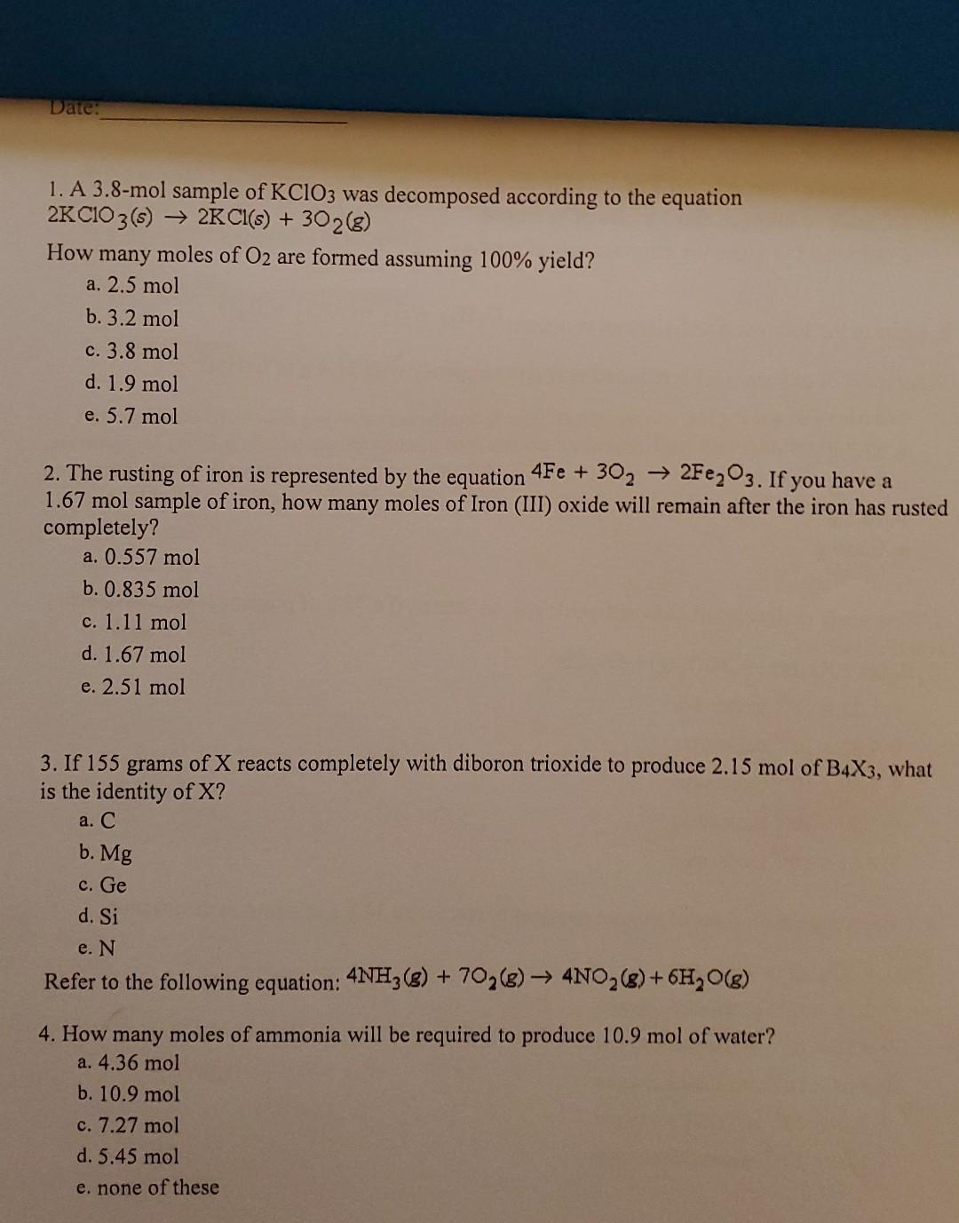 Date 1 A 3 8 Mol Sample Of Kclo3 Was Decomposed According To The Equation 2kcio3 S 2kci S 302 G How Many Moles Of 1