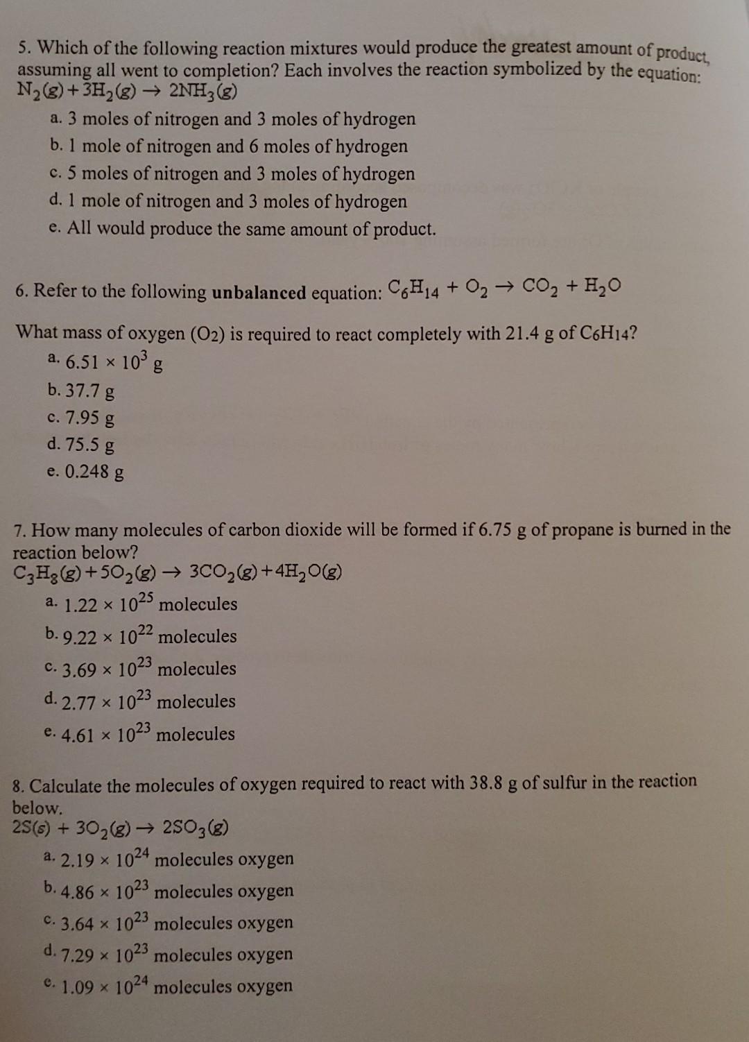 5 Which Of The Following Reaction Mixtures Would Produce The Greatest Amount Of Product Assuming All Went To Completi 1