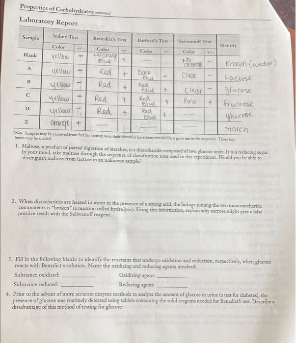 Properties Of Carbohydrates Continued Laboratory Report Lodine Test Barfoed Test Color Puchong Blue 1 B Sample B 1