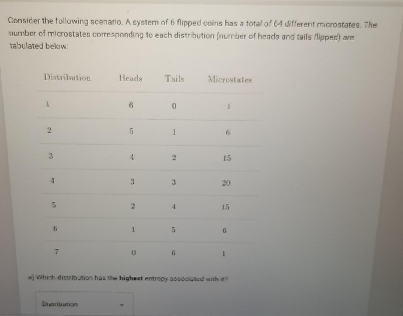 Consider The Following Scenario A System Of 6 Flipped Coins Has A Total Of 64 Different Microstates The Number Of Micr 1