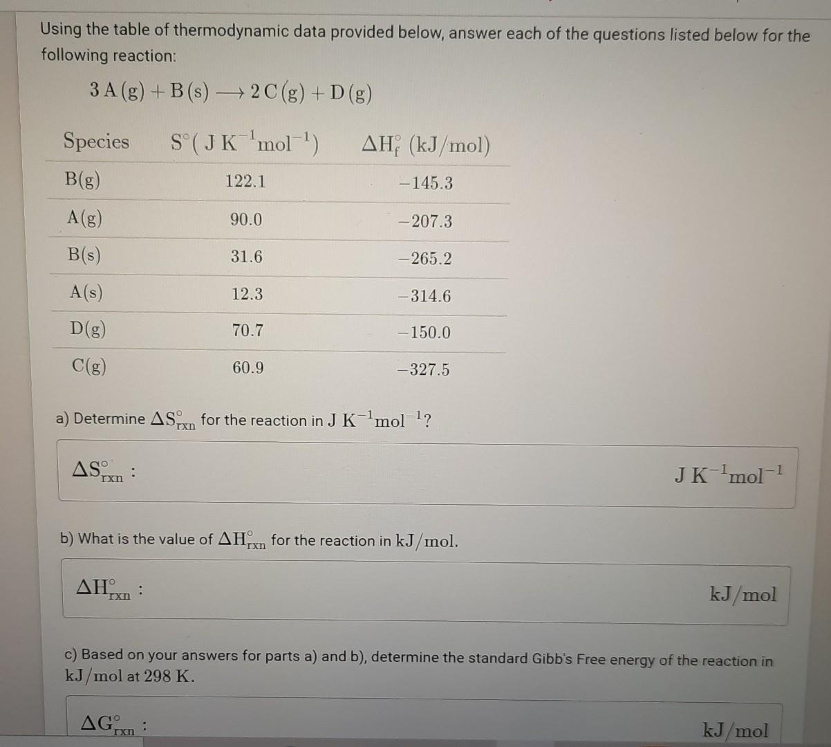 Using The Table Of Thermodynamic Data Provided Below Answer Each Of The Questions Listed Below For The Following Reacti 1