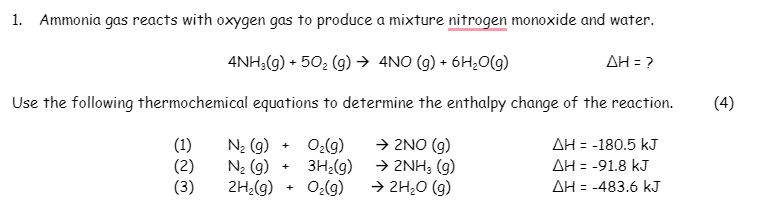 1 Ammonia Gas Reacts With Oxygen Gas To Produce A Mixture Nitrogen Monoxide And Water 4nh3 G 502 9 4no G 6h2o 1