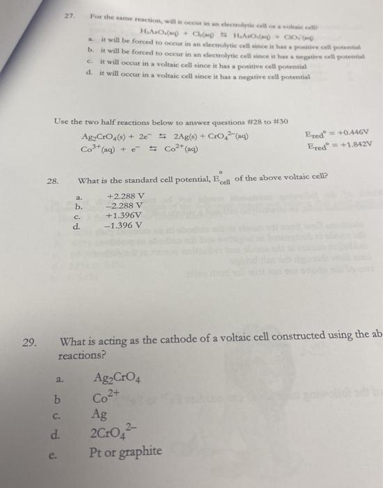 27 For The Same Reaction Will It Occur In Electrice H A Chan Cio It Will Be Forced To Occur In An Electrolytic Cell 1