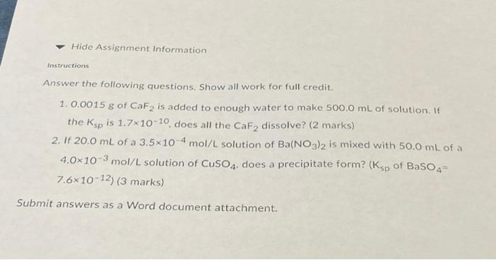 Hide Assignment Information Instructions Answer The Following Questions Show All Work For Full Credit 1 0 0015 G Of C 1