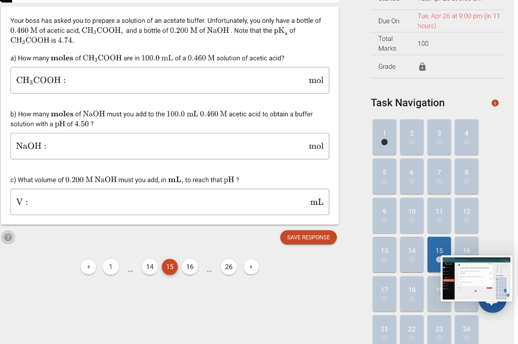 Due On Tue Apr 26 At 9 00 Pm In 11 Hours Your Boss Has Asked You To Prepare A Solution Of An Acetate Buffer Unfortun 1