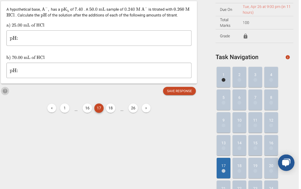 Due On A Hypothetical Base A Has A Pk Of 7 40 A 50 0 Ml Sample Of 0 240 Ma Is Titrated With 0 260 M Hcl Calculate Th 1