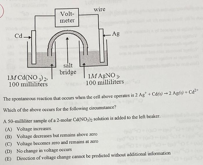 Wire Volt Meter Cd Ag Salt Bridge Im Cd No3 2 100 Milliliters Im Agno3 100 Milliliters The Spontaneous Reaction That 1