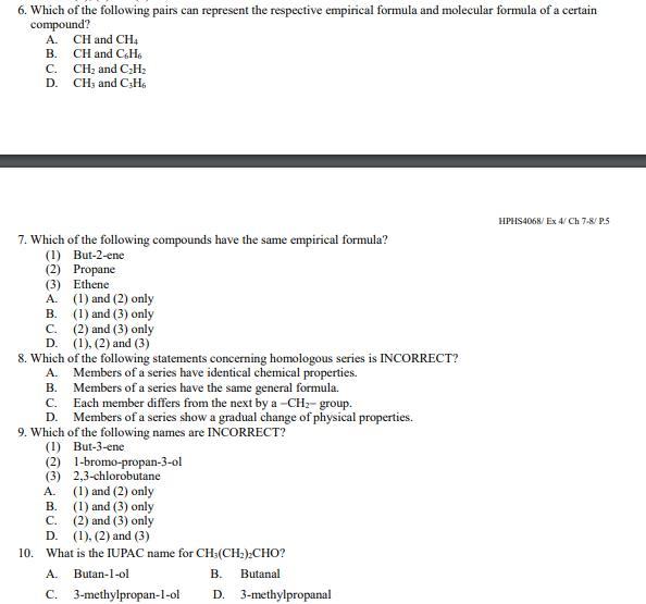 6 Which Of The Following Pairs Can Represent The Respective Empirical Formula And Molecular Formula Of A Certain Compou 1