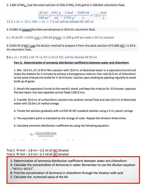 13 3 Ml 1 1 0m Of Nh2 Use The Stock Solution Of 25 Of Nh3 0 91 G Ml In 100 Oml Volumetric Flask 25 Ml 0 919 1 M 1
