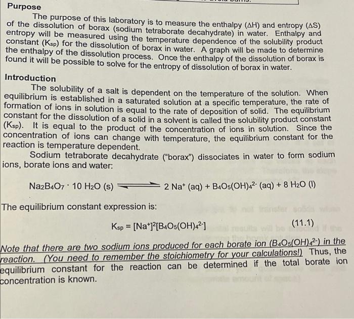 Purpose The Purpose Of This Laboratory Is To Measure The Enthalpy Ah And Entropy As Of The Dissolution Of Borax Sod 2
