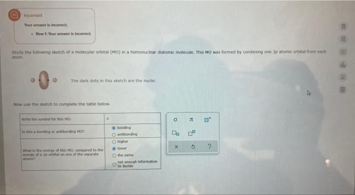 Incorrect Your Answer Is Incorrect Row 1 Your Answer Is Incorrect Study The Following Sketch Of A Molecular Orbital 1