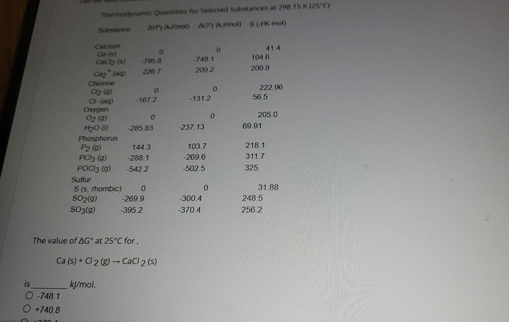 Thermodynamie Quantities For Selected Substances At 298 15 K 25 C Substance Ah Mol Ag Y Kj Mol 5 J K Mol 0 748 1
