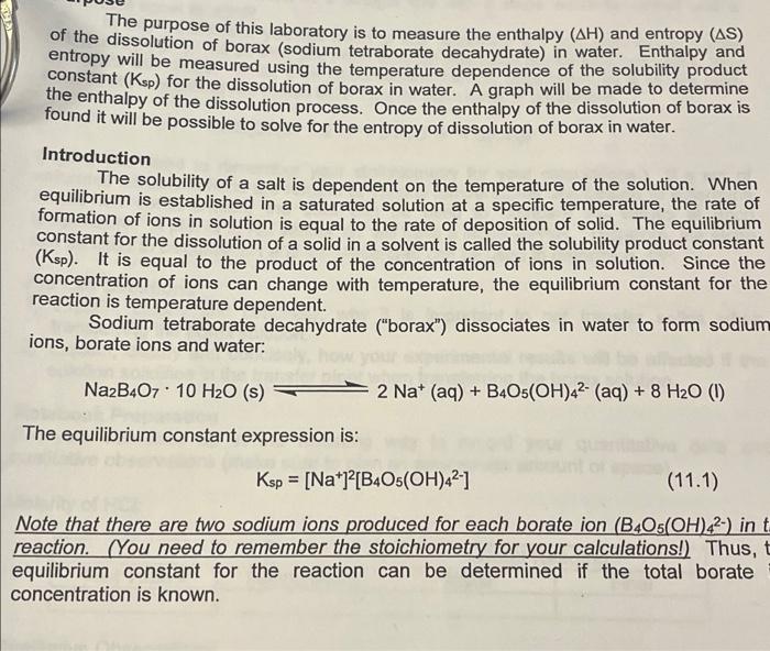 The Purpose Of This Laboratory Is To Measure The Enthalpy Ah And Entropy As Of The Dissolution Of Borax Sodium Tetr 1