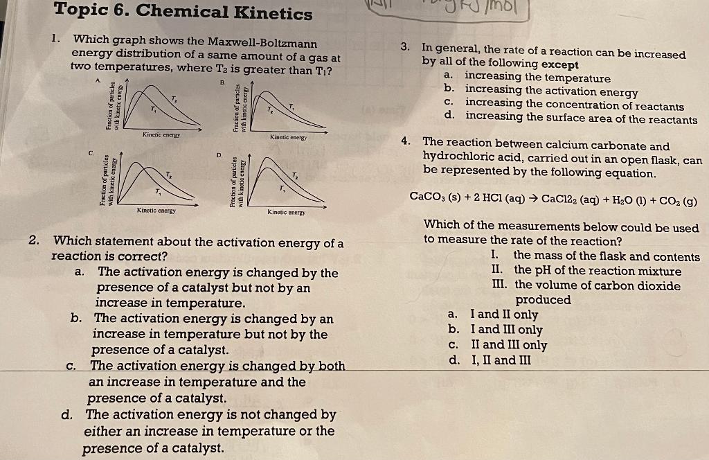 Topic 6 Chemical Kinetics Mol 1 Which Graph Shows The Maxwell Boltzmann Energy Distribution Of A Same Amount Of A Gas 1