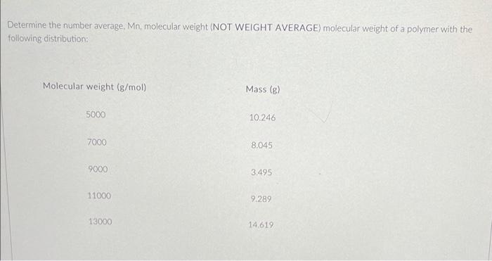Determine The Number Average Mn Molecular Weight Not Weight Average Molecular Weight Of A Polymer With The Following 1