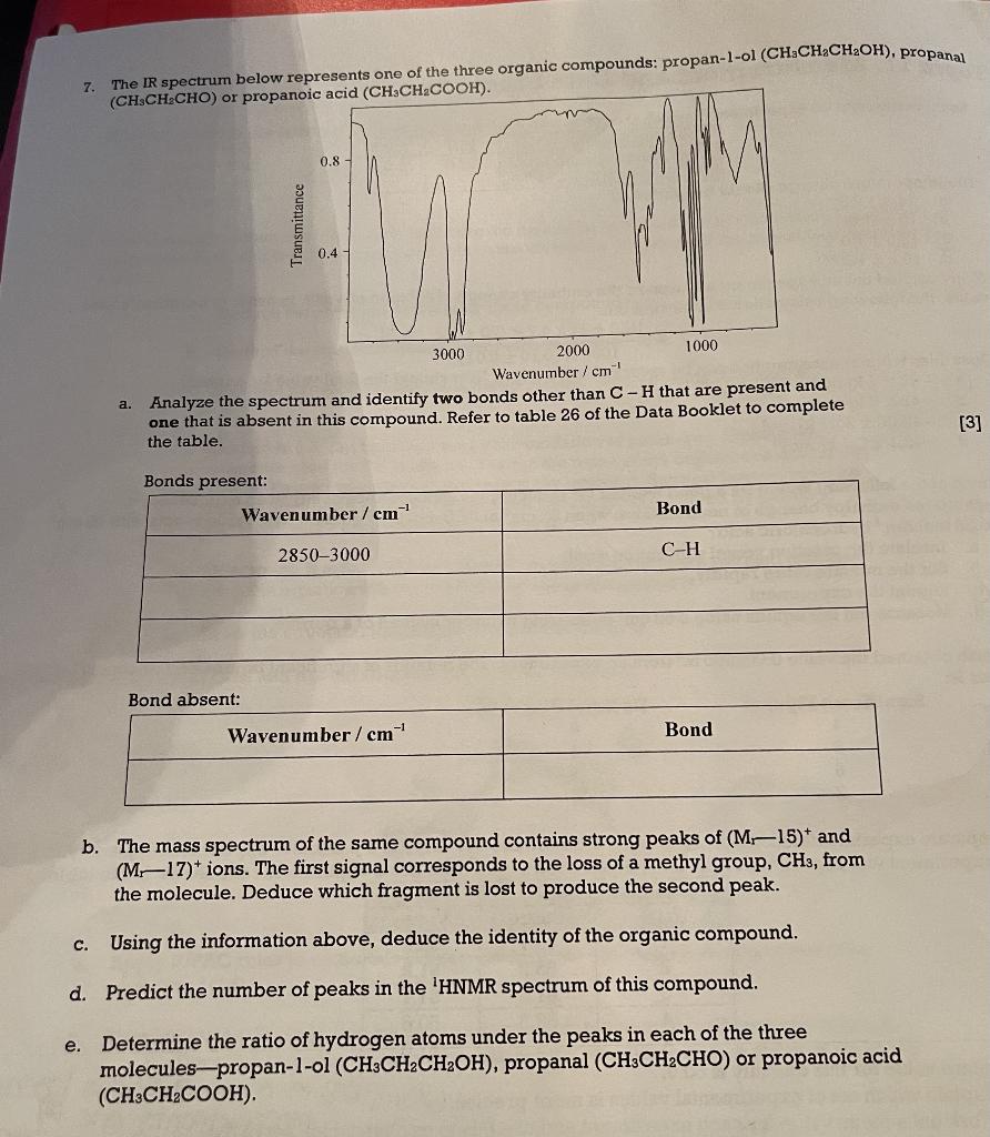 7 The Ir Spectrum Below Represents One Of The Three Organic Compounds Propan 1 Ol Ch Ch Ch2oh Propanal Ch Ch Cho 1