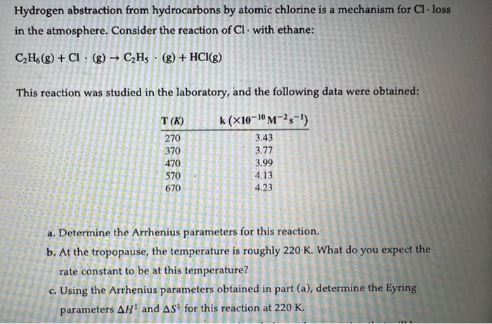 Hydrogen Abstraction From Hydrocarbons By Atomic Chlorine Is A Mechanism For Cl Loss In The Atmosphere Consider The Re 1