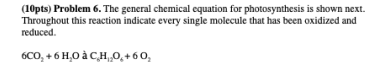 10pts Problem 6 The General Chemical Equation For Photosynthesis Is Shown Next Throughout This Reaction Indicate Eve 1