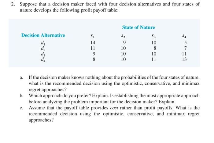 2 Suppose That A Decision Maker Faced With Four Decision Alternatives And Four States Of Nature Develops The Following 1
