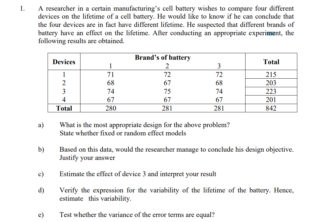1 A Researcher In A Certain Manufacturing S Cell Battery Wishes To Compare Four Different Devices On The Lifetime Of A 1