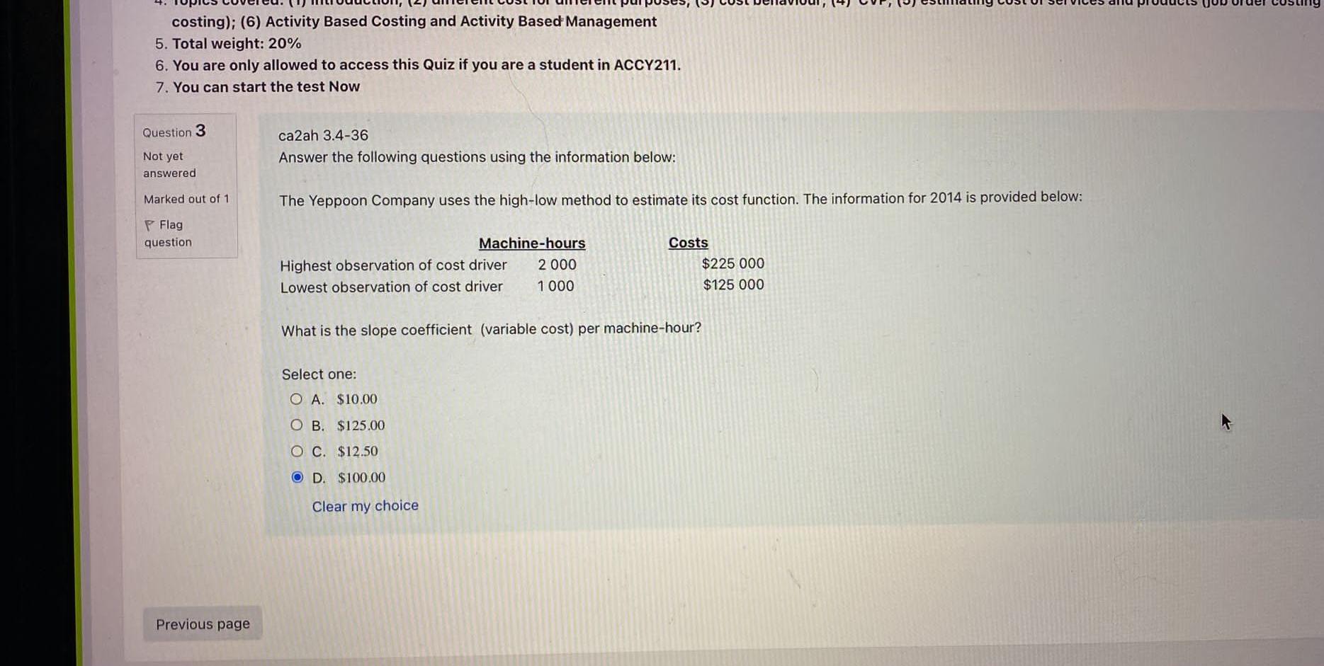 Purposes Costing 6 Activity Based Costing And Activity Based Management 5 Total Weight 20 6 You Are Only Allowed 1