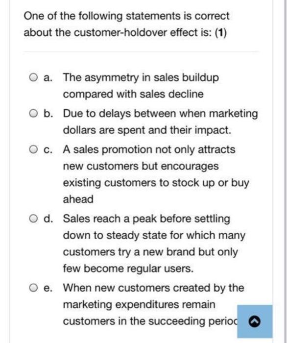 One Of The Following Statements Is Correct About The Customer Holdover Effect Is 1 O A The Asymmetry In Sales Buildu 2