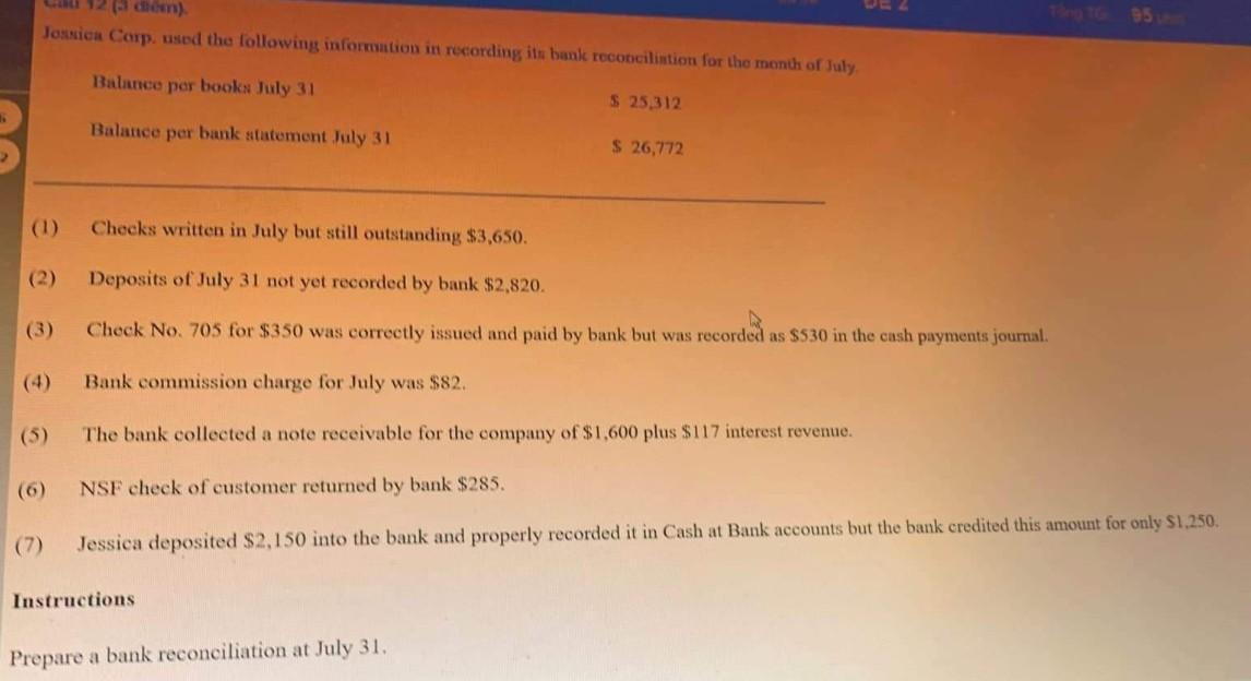 12 Mm Josnica Corp Used The Following Information In Recording It Bank Reconcilition For The Month Of July Balance Per 1