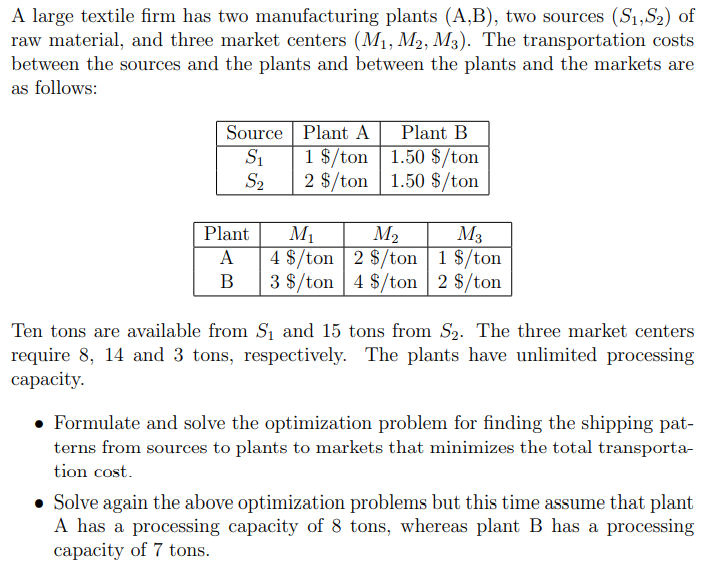 A Large Textile Firm Has Two Manufacturing Plants A B Two Sources S1 S2 Of Raw Material And Three Market Centers 1