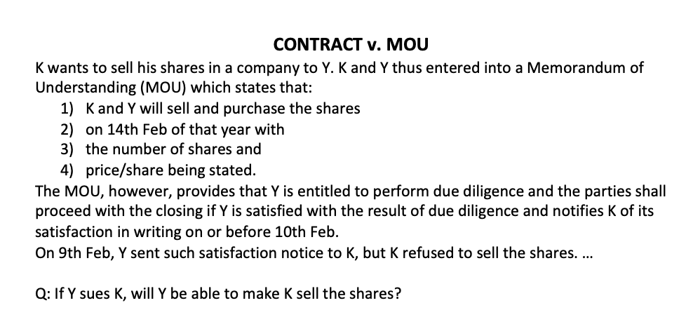 Contract V Mou K Wants To Sell His Shares In A Company To Y K And Y Thus Entered Into A Memorandum Of Understanding M 1