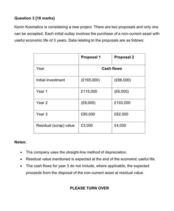 Question 3 18 Marks Kenia Kosmetics Is Considering A New Project There Are Proposals And Only One Can Be Copied Each N 4
