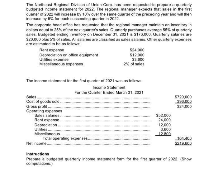 The Northeast Regional Division Of Union Corp Has Been Requested To Prepare A Quarterly Budgeted Income Statement For 2 1