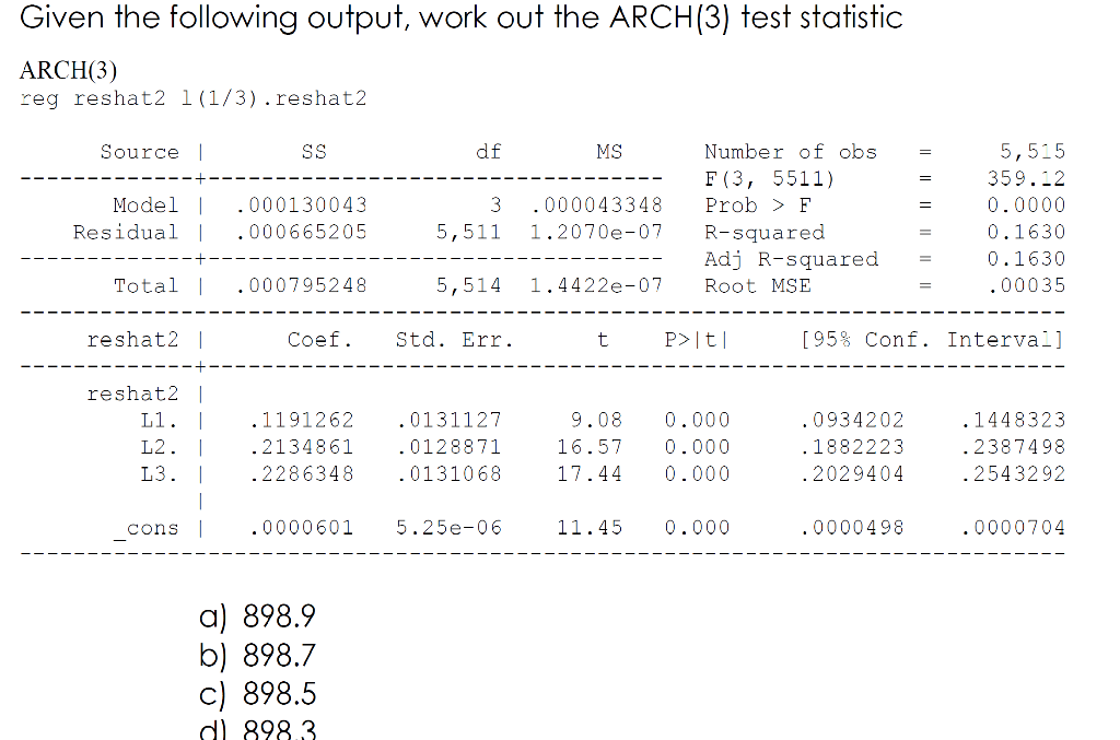 Given The Following Output Work Out The Arch 3 Test Statistic Arch 3 Reg Reshat2 1 1 3 Reshat2 Source Ss Df Ms 1