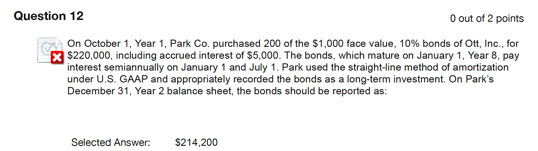 Question 12 O Out Of 2 Points 7 7 On October 1 Year 1 Park Co Purchased 200 Of The 1 000 Face Value 10 Bonds Of Ot 1