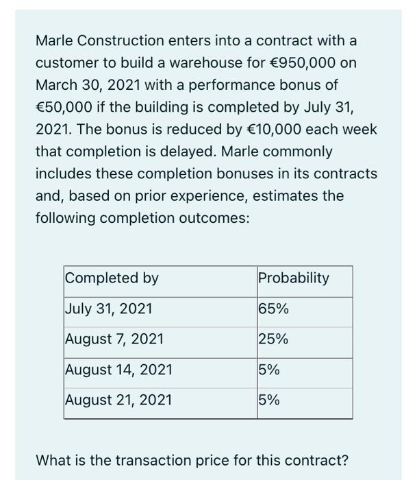Marle Construction Enters Into A Contract With A Customer To Build A Warehouse For 950 000 On March 30 2021 With A Per 1