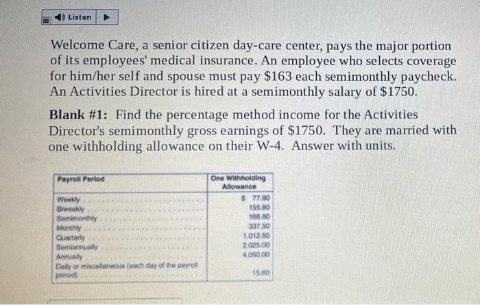 Listen Welcome Care A Senior Citizen Day Care Center Pays The Major Portion Of Its Employees Medical Insurance An Em 2