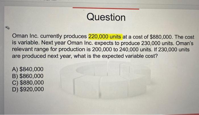 Question Oman Inc Currently Produces 220 000 Units At A Cost Of 880 000 The Cost Is Variable Next Year Oman Inc Exp 1