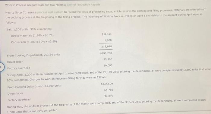 Work In Process Account Data For Two Months Cost Of Production Reports Hearty Soup Co Uses A Process Cost System To Rec 1
