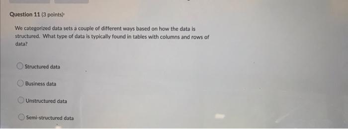 Question 11 3 Points We Categorized Data Sets A Couple Of Different Ways Based On How The Data Is Structured What Typ 1