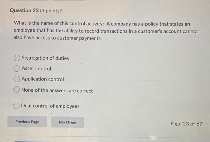 Question 23 3 Points What Is The Name Of This Control Activity A Company Has A Policy That States An Employee That Ha 1
