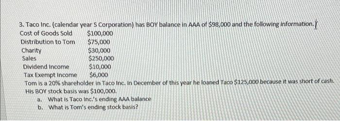 3 Taco Inc Calendar Year S Corporation Has Boy Balance In Aaa Of 98 000 And The Following Information I Cost Of Go 1