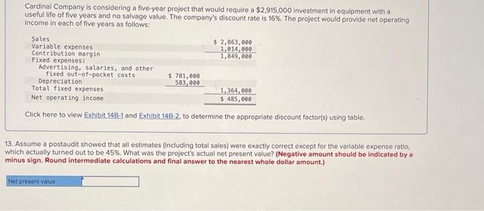 Cardinal Company Is Considering A Five Year Project That Would Require A 2 915 000 Investment In Equipment With A Usefu 1