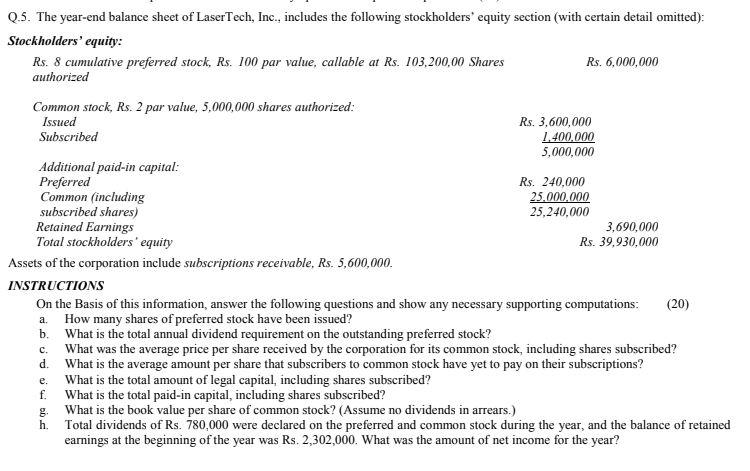 Q 5 The Year End Balance Sheet Of Lasertech Inc Includes The Following Stockholders Equity Section With Certain De 1