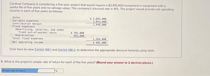 Cardinal Company Is Considering A Five Year Project That Would Require A 2 915 000 Investment In Equipment With A Usefu 2