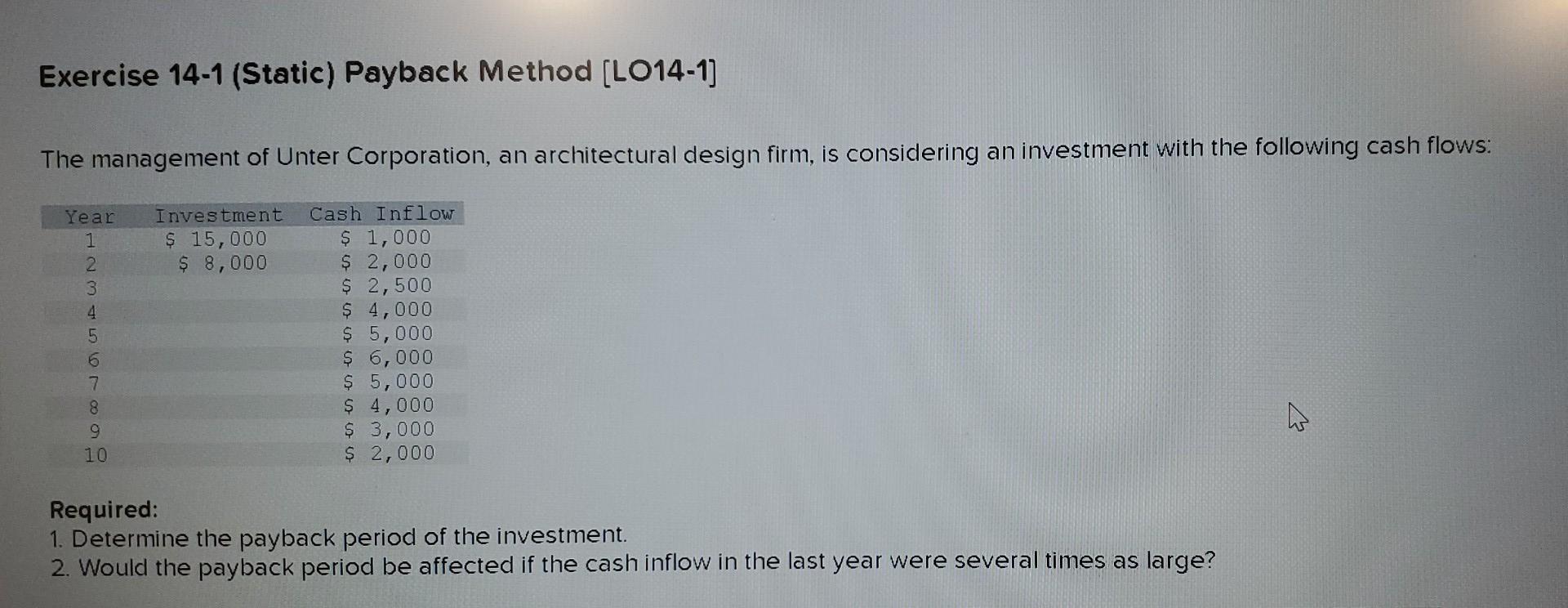 Exercise 14 1 Static Payback Method Lo14 1 The Management Of Unter Corporation An Architectural Design Firm Is Con 1