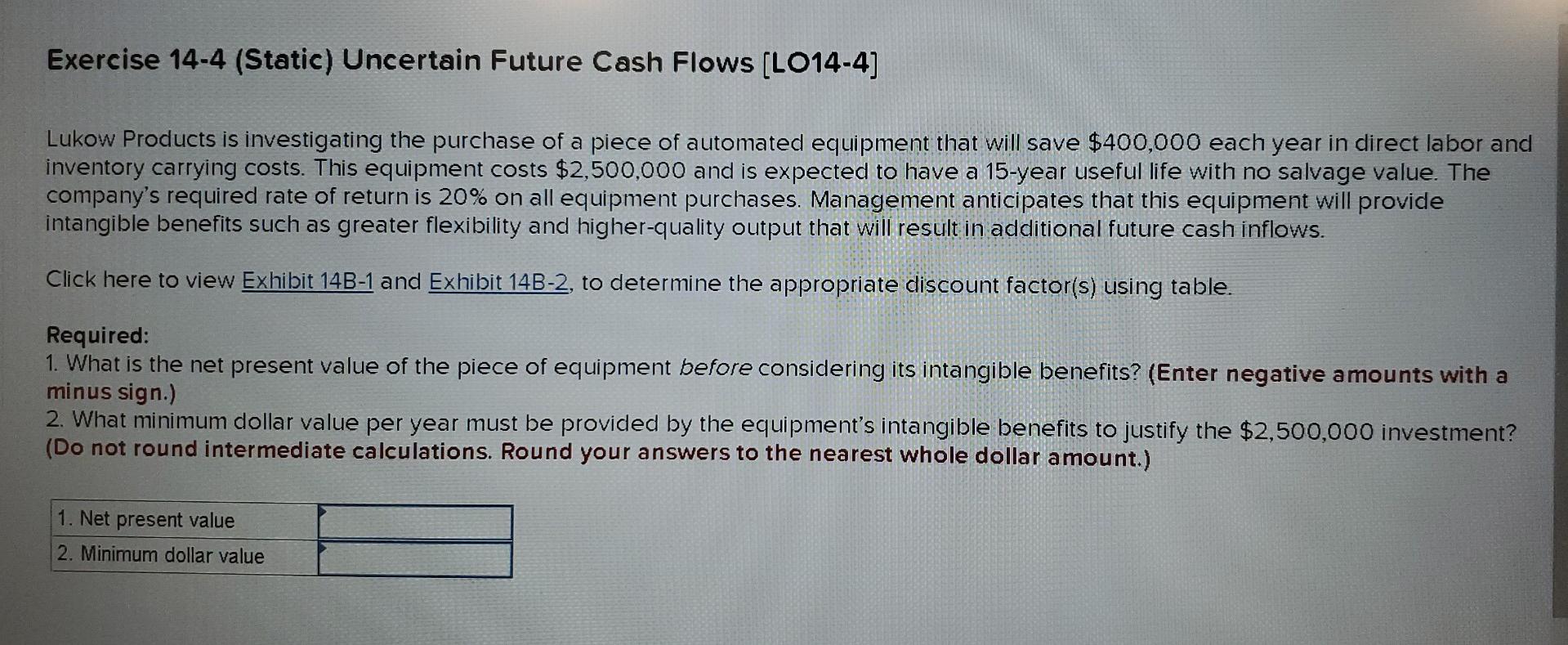 Exercise 14 4 Static Uncertain Future Cash Flows Lo14 4 Lukow Products Is Investigating The Purchase Of A Piece Of A 1