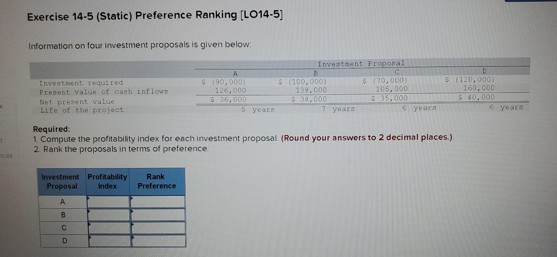 Exercise 14 5 Static Preference Ranking Lo14 5 Information On Four Investment Proposals Is Given Below Investment R 1