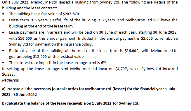 On 1 July 2021 Melbourne Ltd Leased A Building From Sydney Ltd The Following Are Details Of The Building And The Lease 1