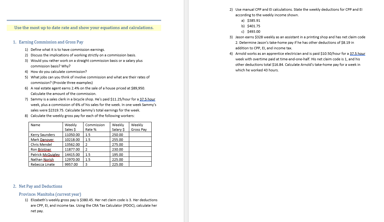 Use The Most Up To Date Rate And Show Your Equations And Calculations 2 Use Manual Cpp And El Calculations State The 1